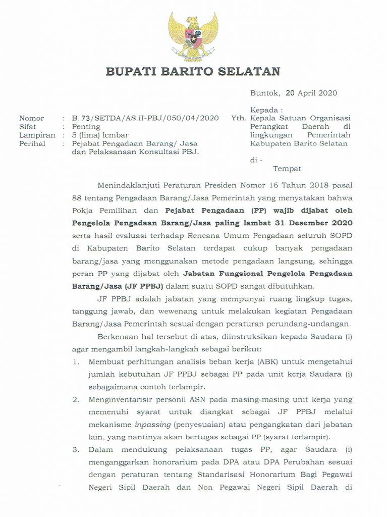 Surat Bupati Barito Selatan kepada Kepala SOPD perihal Pejabat Pengadaan Barang/Jasa dan Pelaksanaan Konsultasi PBJ